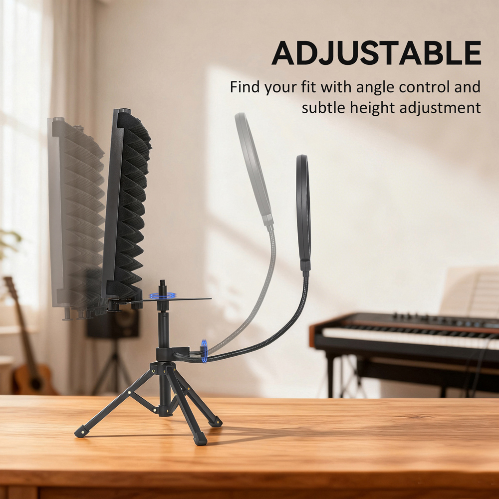 HOMCOM Black Studio Microphone Isolation Shield with Pop Filter and Stand Image 6