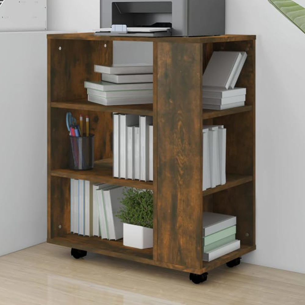 vidaXL 6 Shelf Smoked Oak Rolling Cabinet Image 1