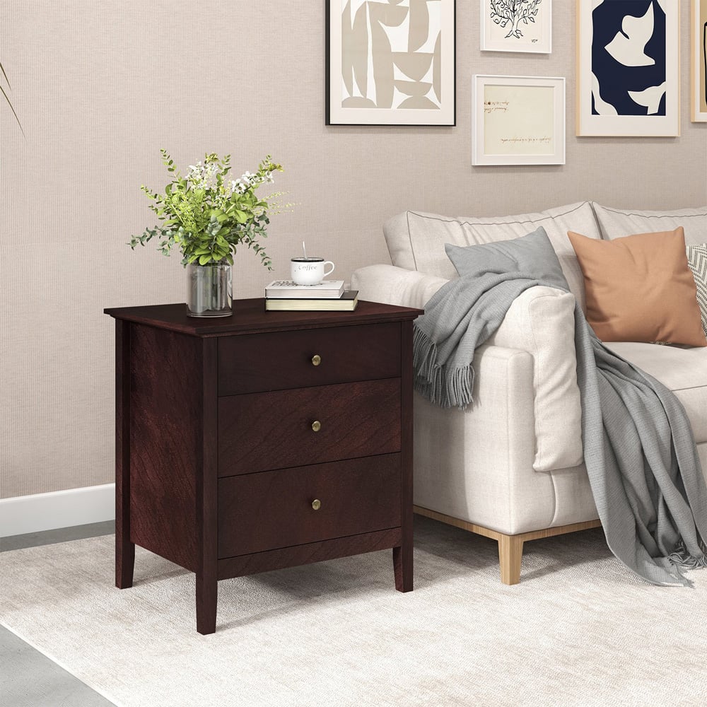 Costway 3 Drawer Brown Wooden Bedside Table Image 3