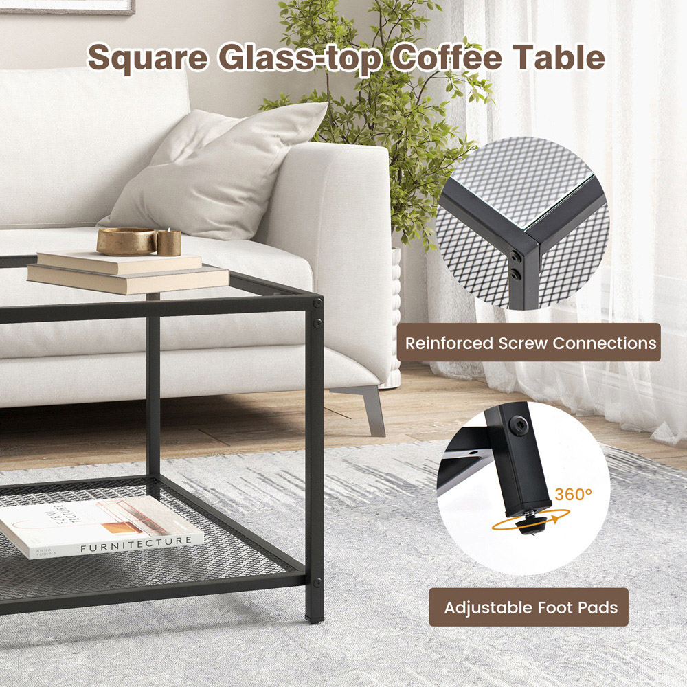 Costway 2 Tier Black Square Glass Coffee Table Image 6