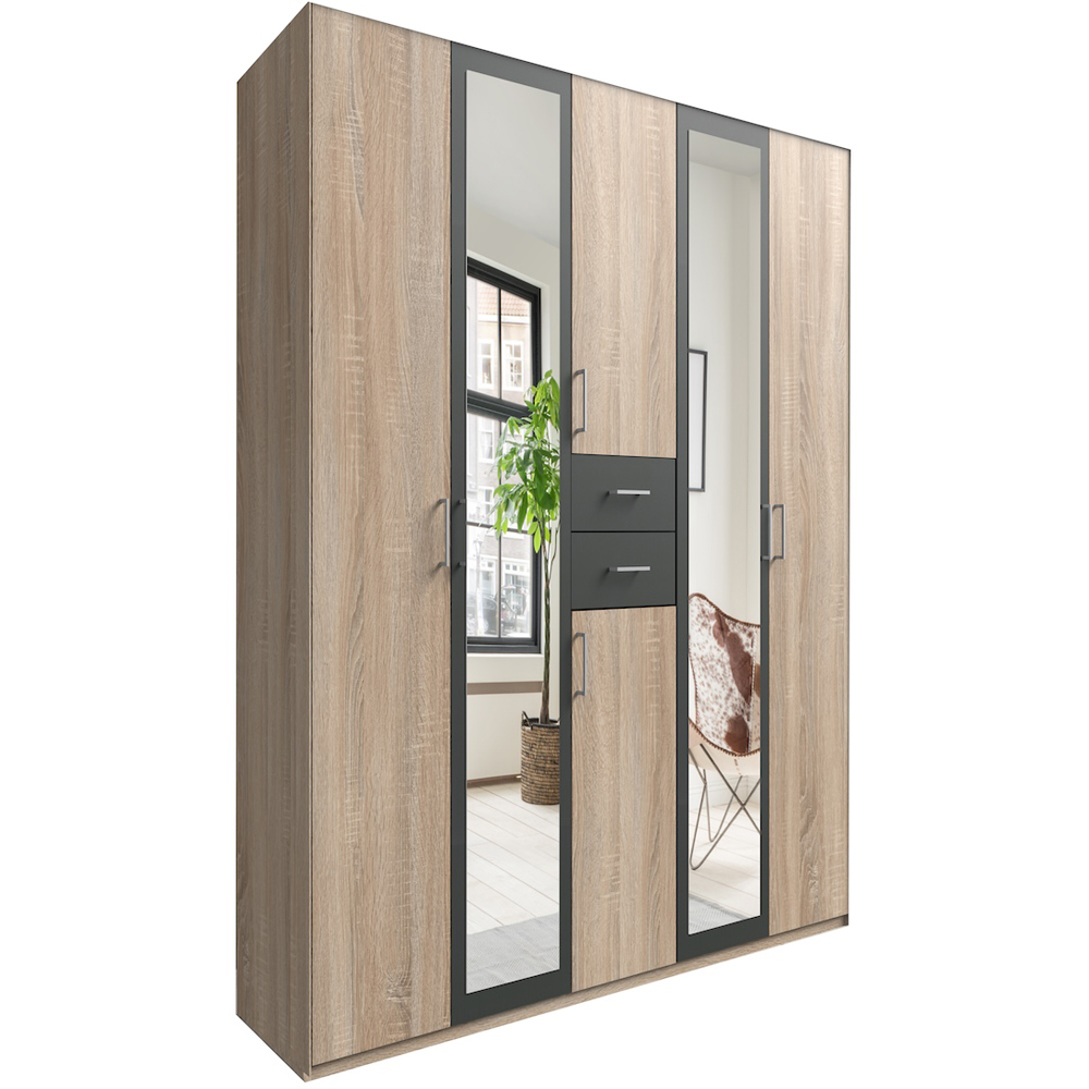 TJ'S Bristol 5 Door 2 Drawer Oak and Graphite Mirrored Wardrobe Image 2