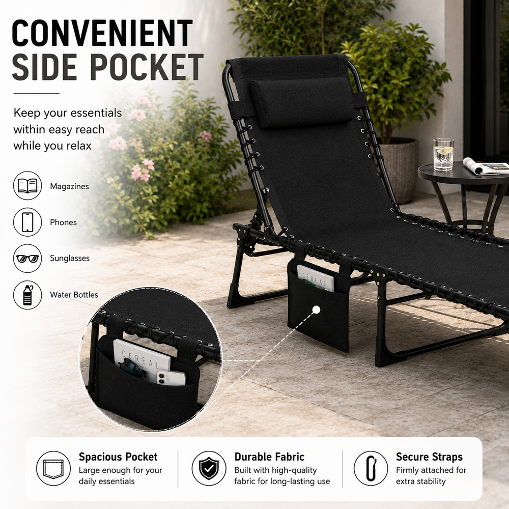 Shatchi Black Foldable Sun Lounger with Adjustable Backrest Image 5