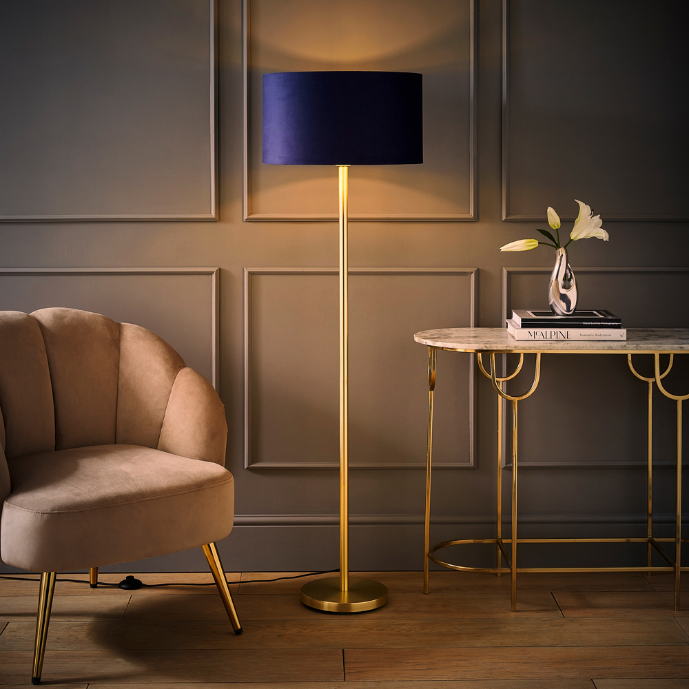 ValueLights Charlie Navy Velvet and Metallic Shade Gold Floor Lamp and Bulb Image 7