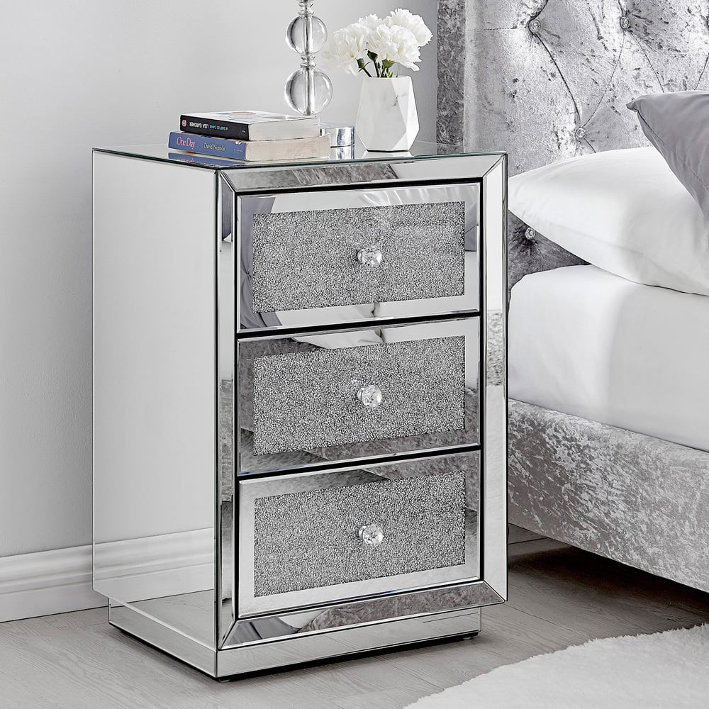 Furniturebox Scarlett 3 Drawer Silver Mirrored Bedside Table Image 6