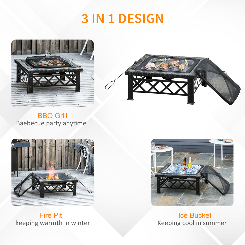 Outsunny Metal 3 in 1 Square Fire Pit with Poker and Grate Image 4