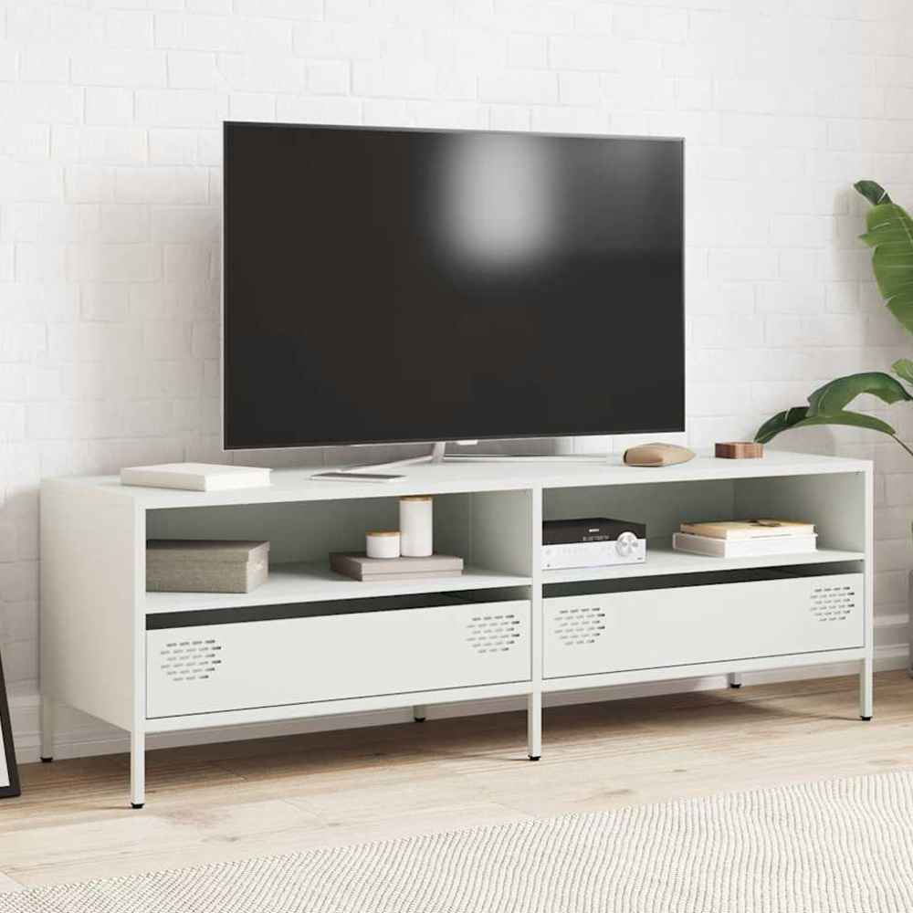 vidaXL 2 Drawer 2 Shelf White Steel Wide TV Cabinet Image 1