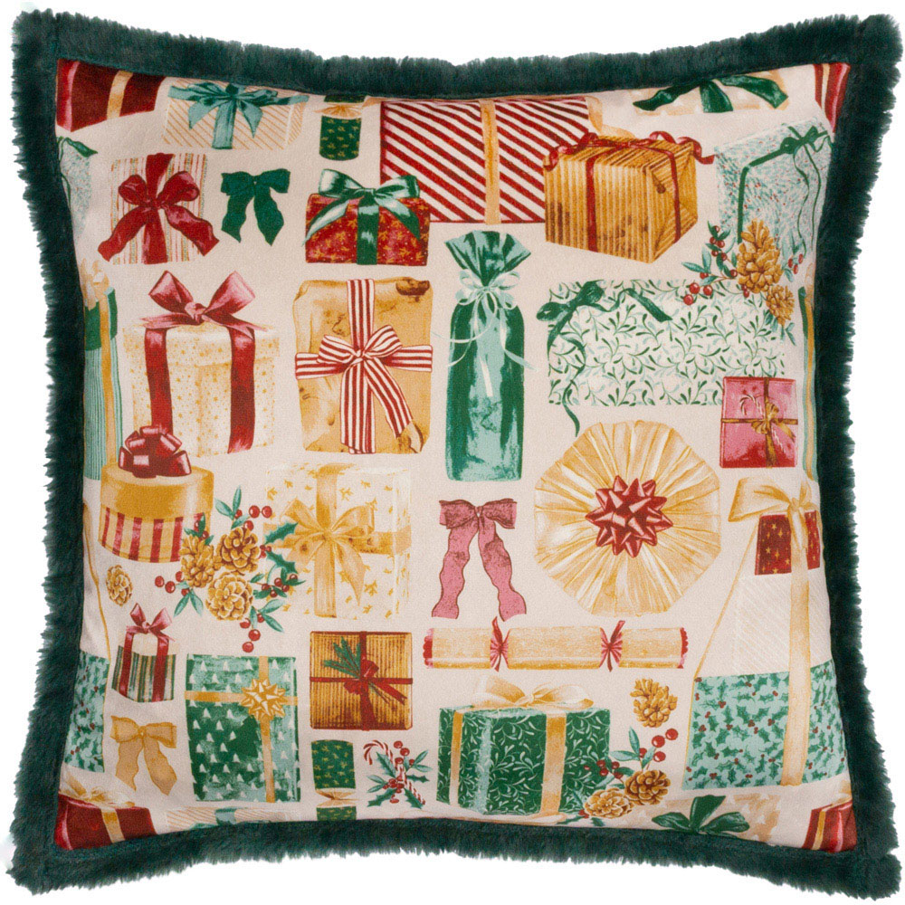 Furn All Wrapped Up Emerald and Red Velvet Faux Fur Reversible Cushion 50 x 50cm Image 1
