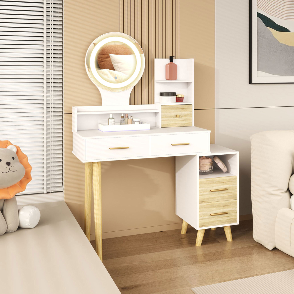 Portland 5 Drawer 5 Shelf White Dressing Table with LED Light Mirror Image 3