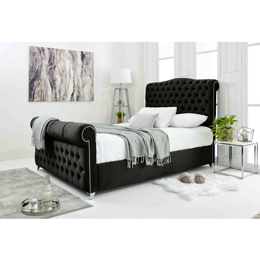 Eleganza Maynard Super King Size Black Plush Velvet Bed Frame with Matching Buttons Image 3