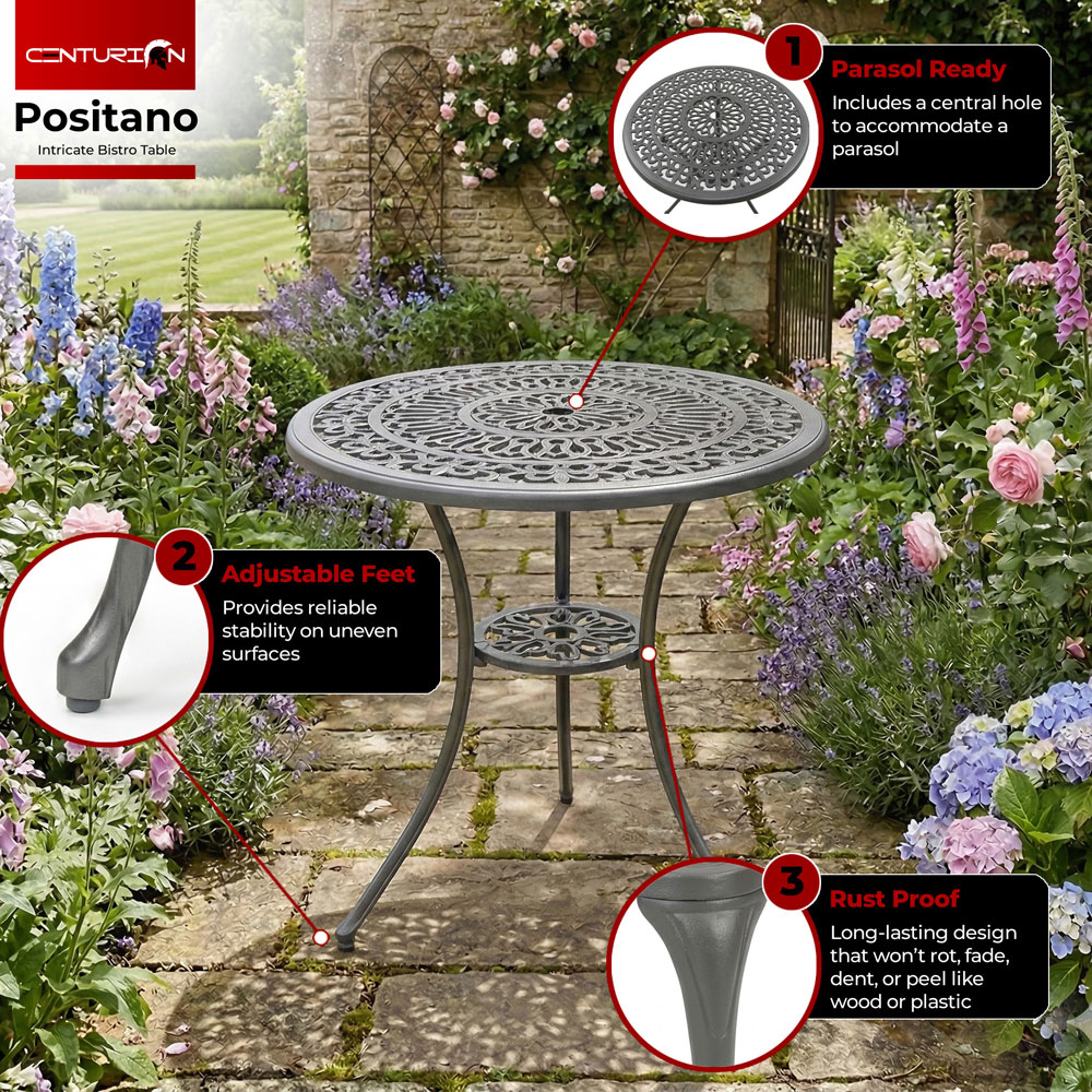 Centurion Positano 2 Seater Grey Round Garden Bistro Table with Parasol Hole Image 6