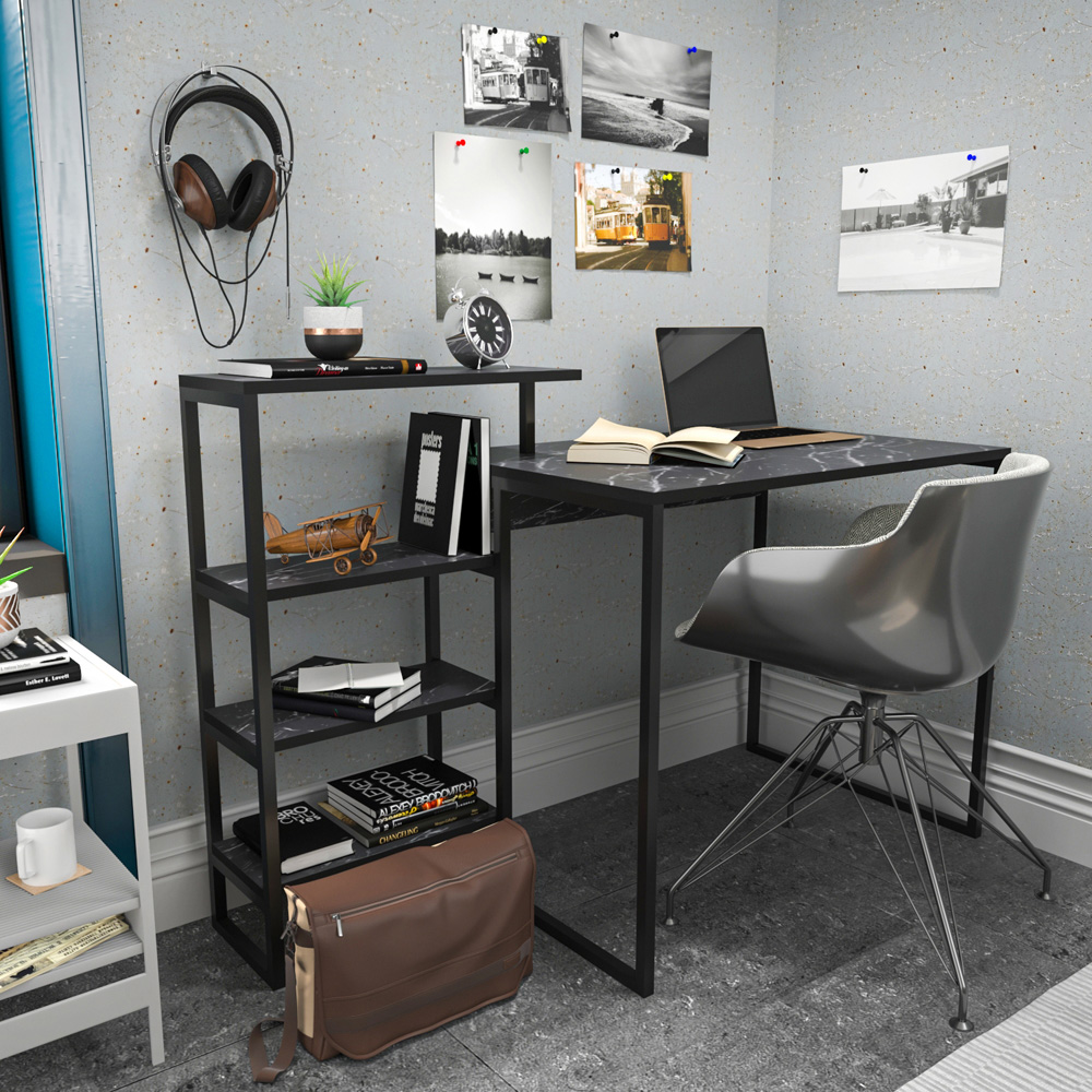 Decorotika Rino 4 Shelf Study Desk Black Marble Effect And Black Image 4