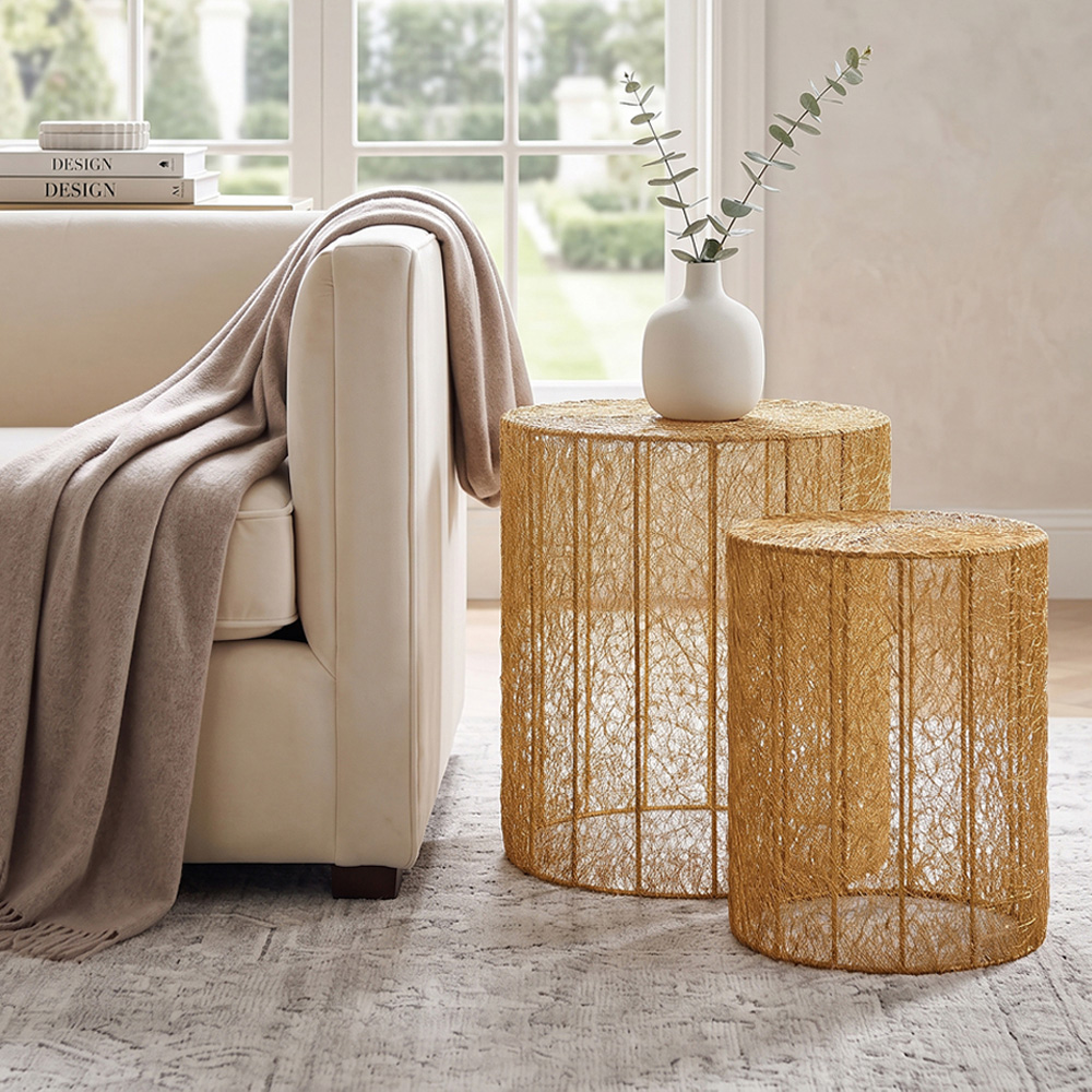 Premier Housewares Templar Gold Finish Mesh Geometric Cage Round Side Table Set of 2 Image 3