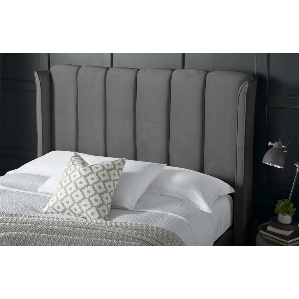 Aurora King Size Grey Velvet Ottoman Bed Image 3