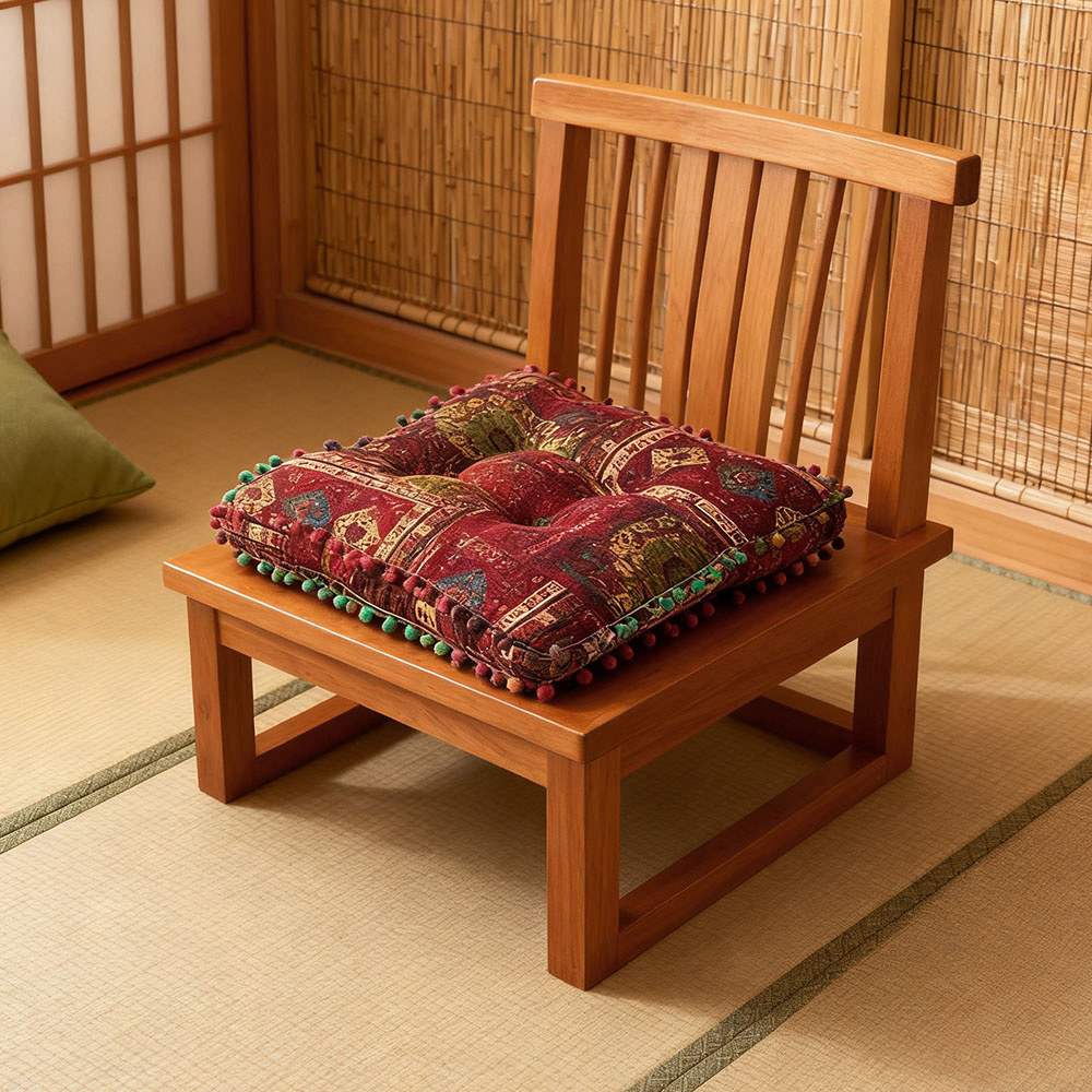Living and Home Red Bohemia Style Square Seat Cushion with Pom Pom Trim 40 x 40cm Image 2