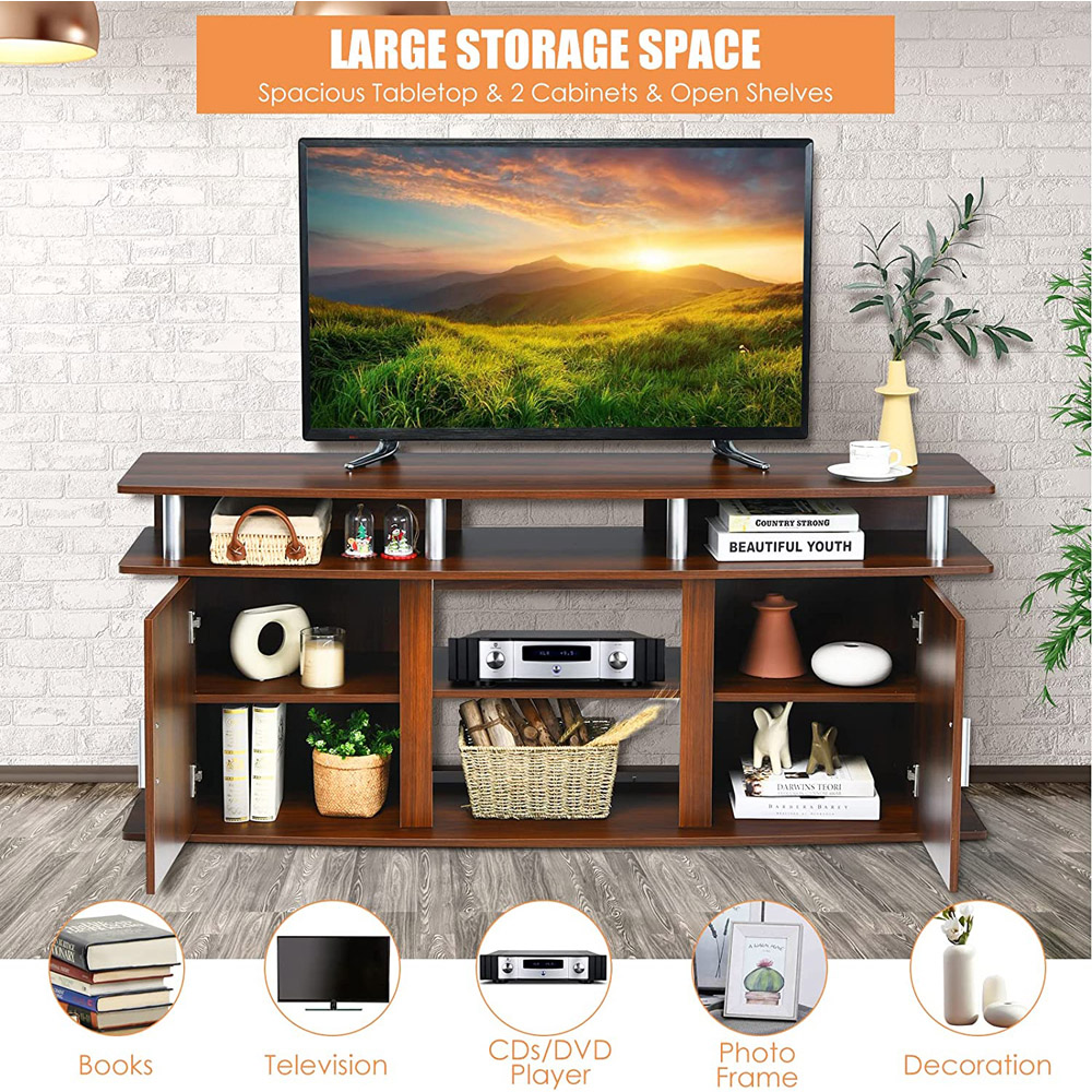 Costway 2 Door 3 Shelf Brown Wooden TV Unit Image 6