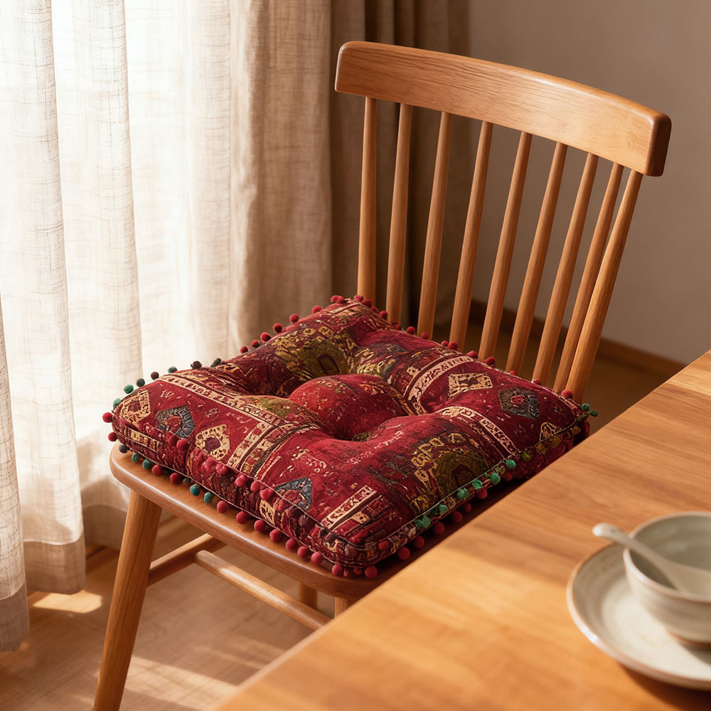 Living and Home Red Bohemia Style Square Seat Cushion with Pom Pom Trim 40 x 40cm Image 7