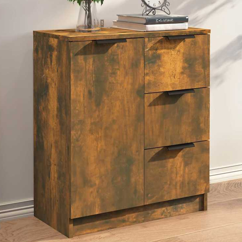 vidaXL Single Door 3 Drawer Smoked Oak Sideboard Image 1