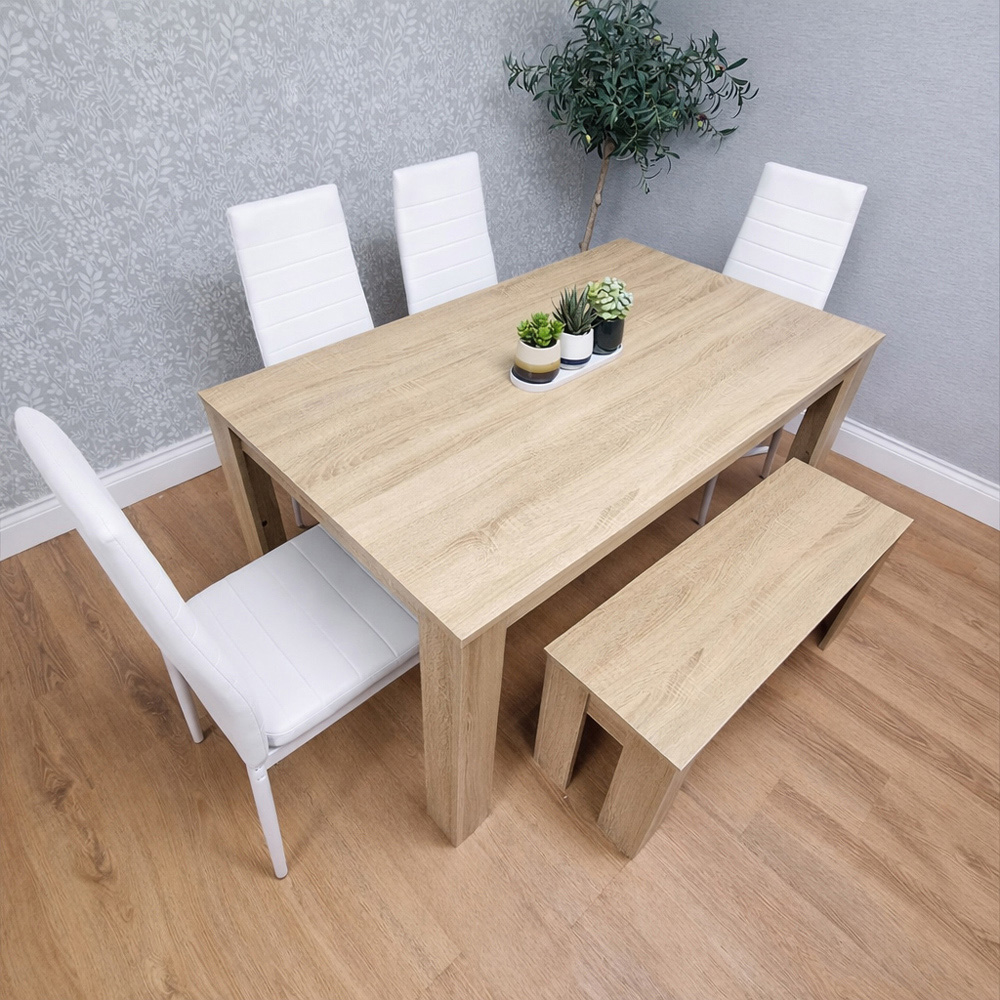 Portland 6 Seater Dining Bench Set Oak Effect and White Image 4