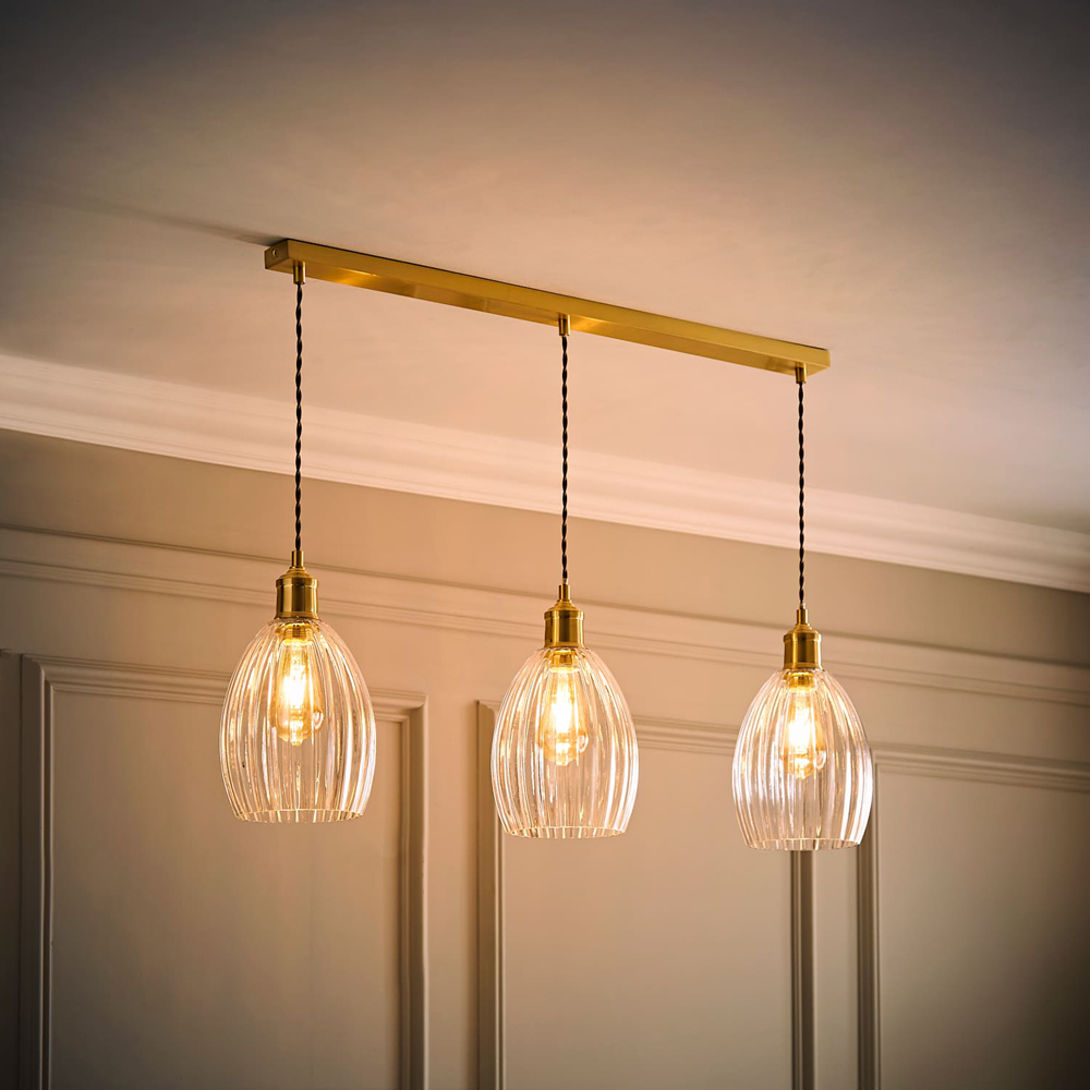 ValueLights Cheltenham Ribbed Shades Brushed Gold 3 Drop Bar Ceiling Light with Bulbs Image 2