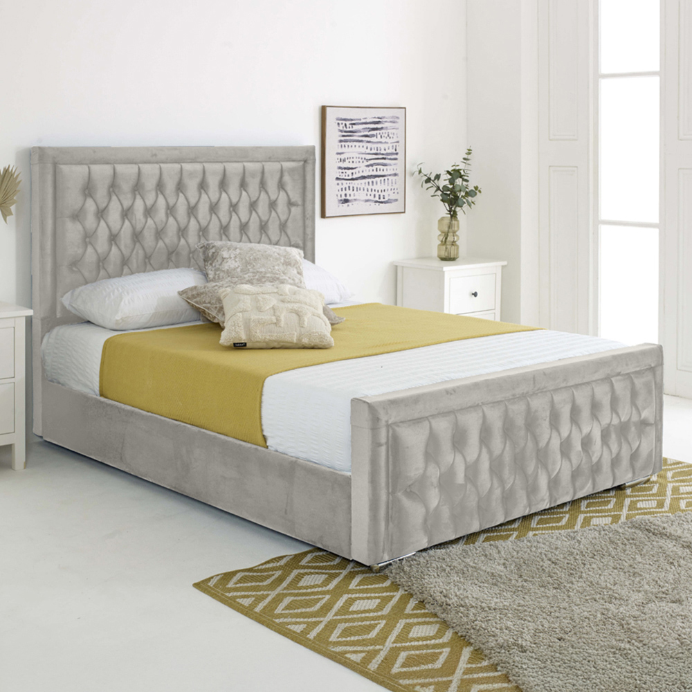 Eleganza Paloma Single Silver Plush Velvet Bed Frame with Headboard and Footboard Image 1