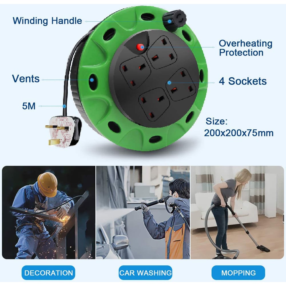 ExtraStar 13A 5m 4 Socket Green Unswitched Heavy Duty Cable Reel Image 4