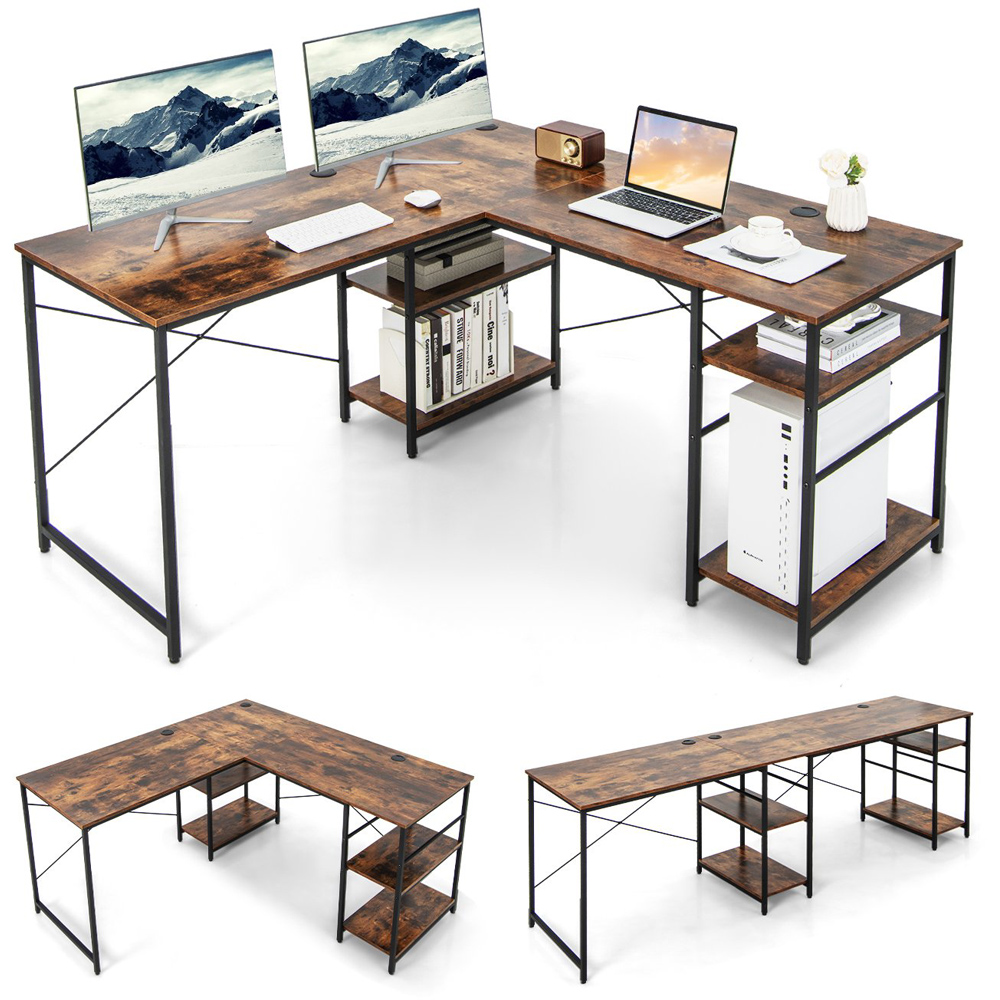 Costway 4 Shelf Rustic Brown L-Shaped Wooden Industrial Desk Image 2