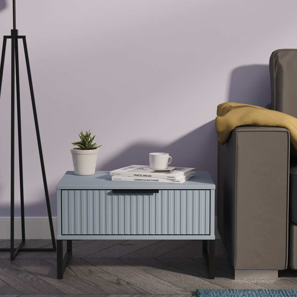 Crowndale Fluted Single Drawer Denim Blue Wide Side Table Ready Assembled Image 7
