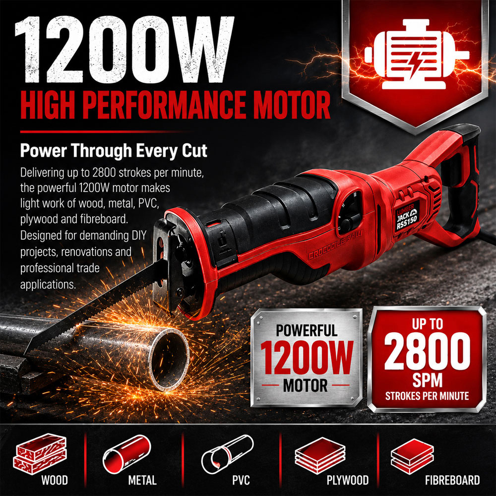Lumberjack RSS150 230V 1200W Red Heavy-Duty Wood and Metal Cutting Reciprocating Saw Image 5