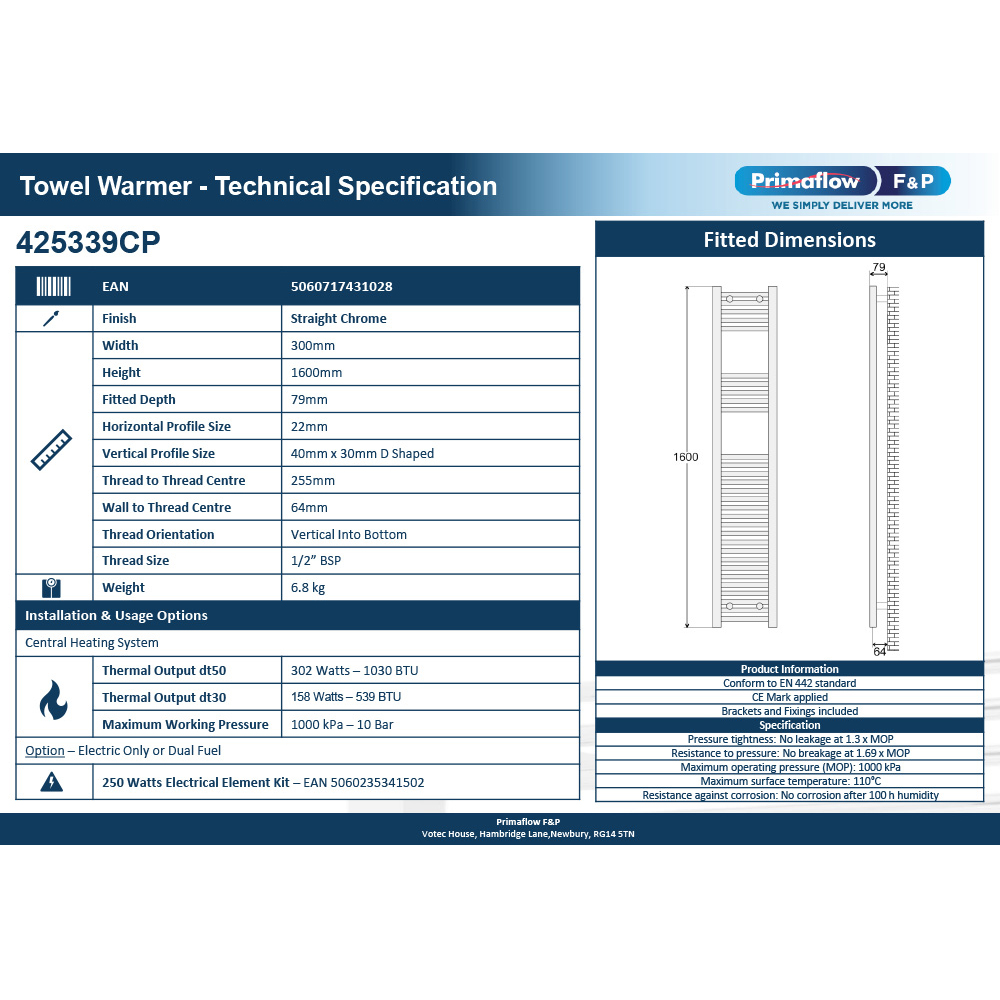 Prorad 2 Chrome Straight Towel Rail 300 x 1600mm Image 2
