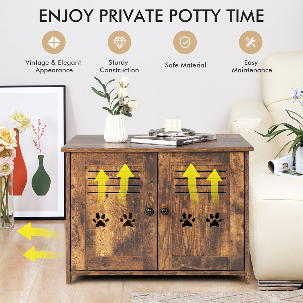Costway Rustic Brown 2 Louvered Doors Cat Litter Box Enclosure Image 7