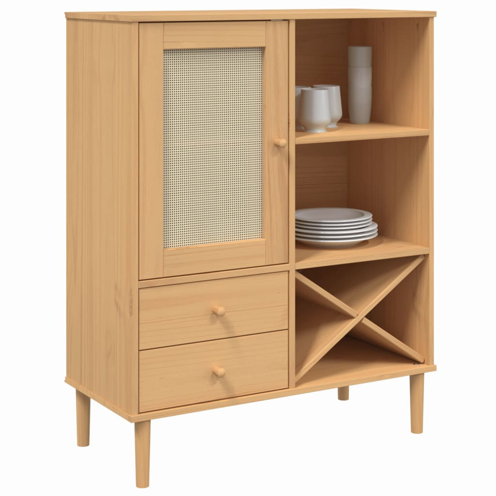 vidaXL Senja Single Door 2 Drawer 6 Shelf Brown Solid Pine Wood Rattan Look Highboard Image 3