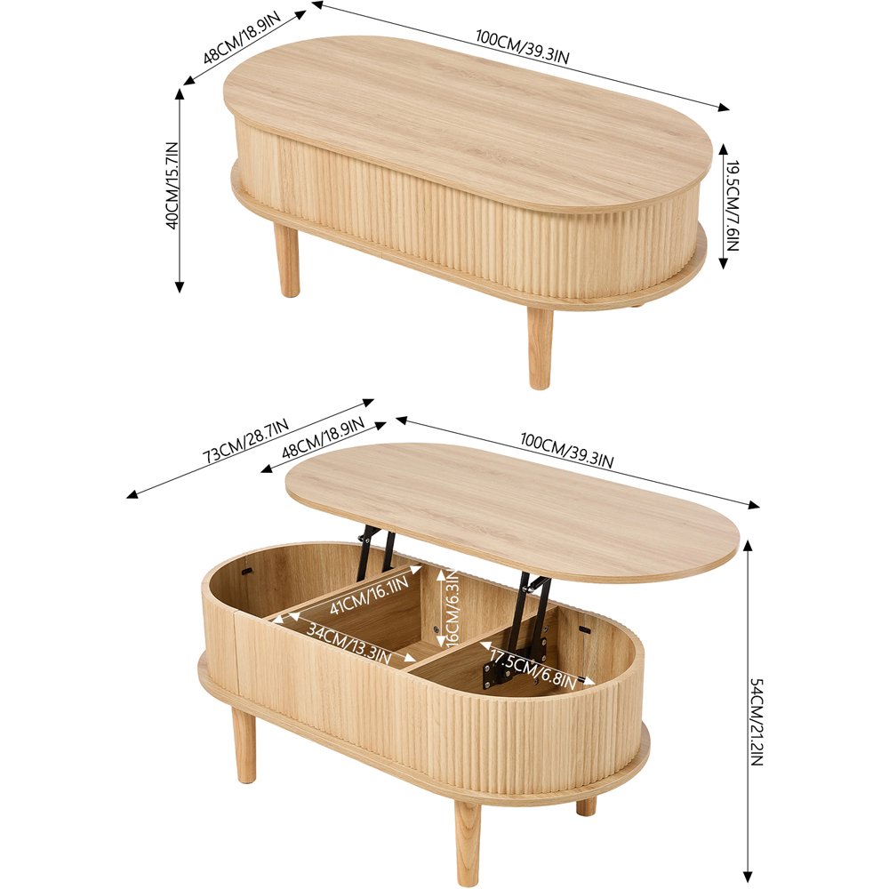 Living and Home Natural Oval Lift-Top Coffee Table with Hidden Storage Image 9