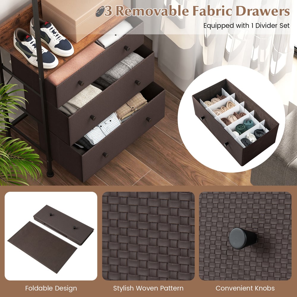 Costway 3 Drawer Single Shelf Rustic Brown Clothes Rack Image 8