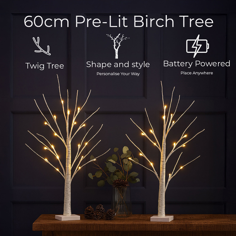 Neo 2 Piece Warm White LED Light Up Twig Tree Decorations Set 60cm Image 6