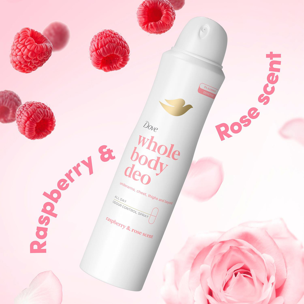 Dove Whole Body Raspberry and Rose Odour Protection Deodorant Spray 150ml 6 Pack Image 3