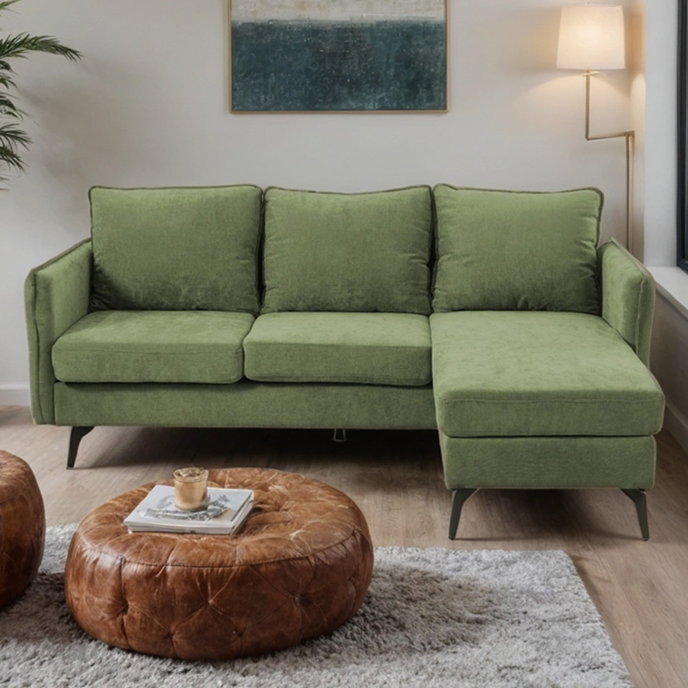 H&O Direct 3 Seater Green Right Hand Facing Chaise Sofa Image 1
