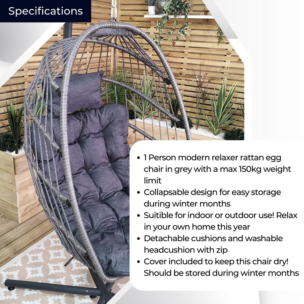 Samuel Alexander Grey Rattan Hanging Egg Chair with Cushions Image 4