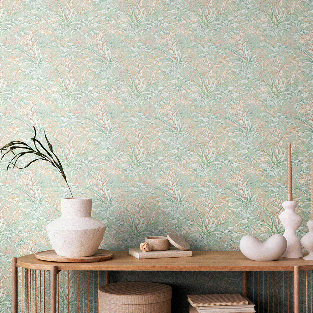 Hoopla Walls Oasis Tropical Canopy Duck Egg Mix Wallpaper Image 2