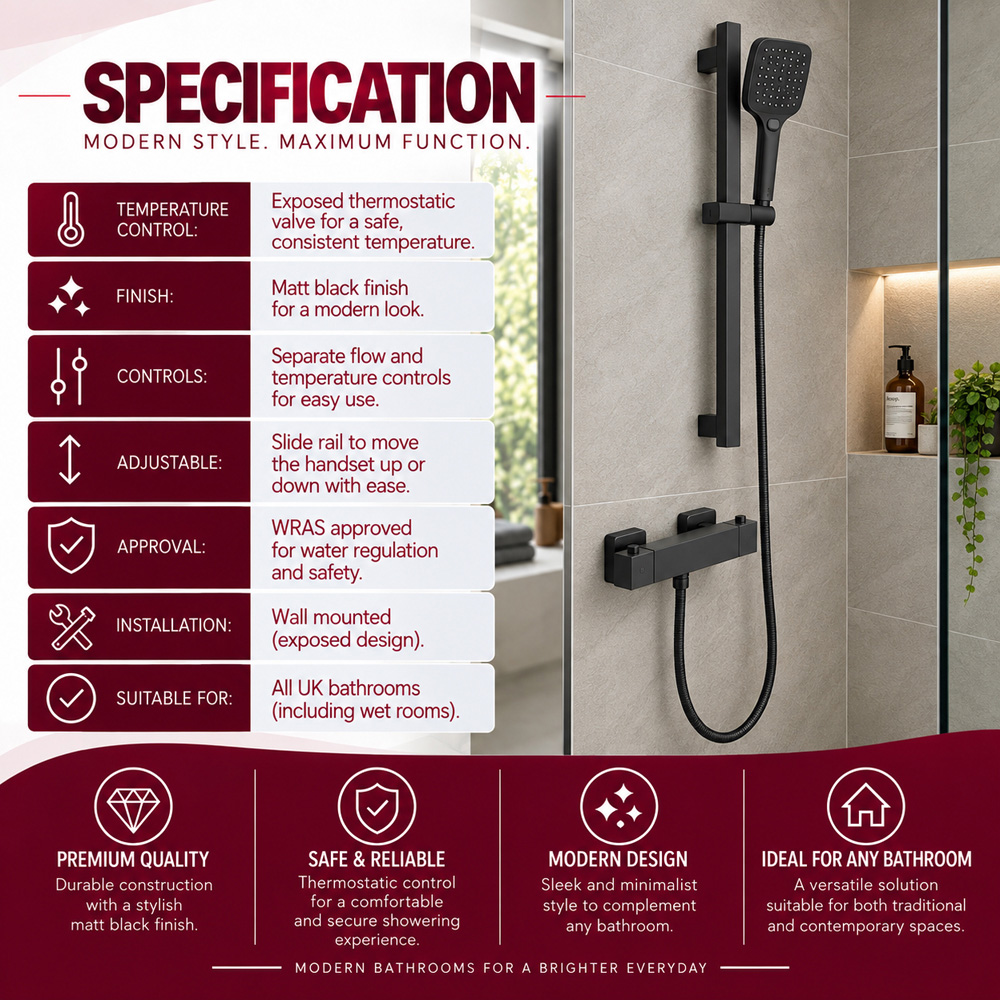 Go Bathrooms AquaFlow Black Round Thermostatic Bar Shower Kit Image 5