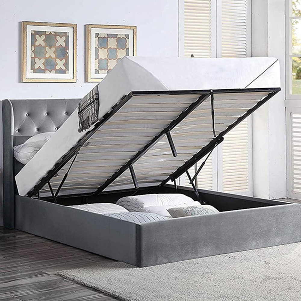 Home Treats Double Grey Velvet Winged Headboard Ottoman Bed Frame Image 5