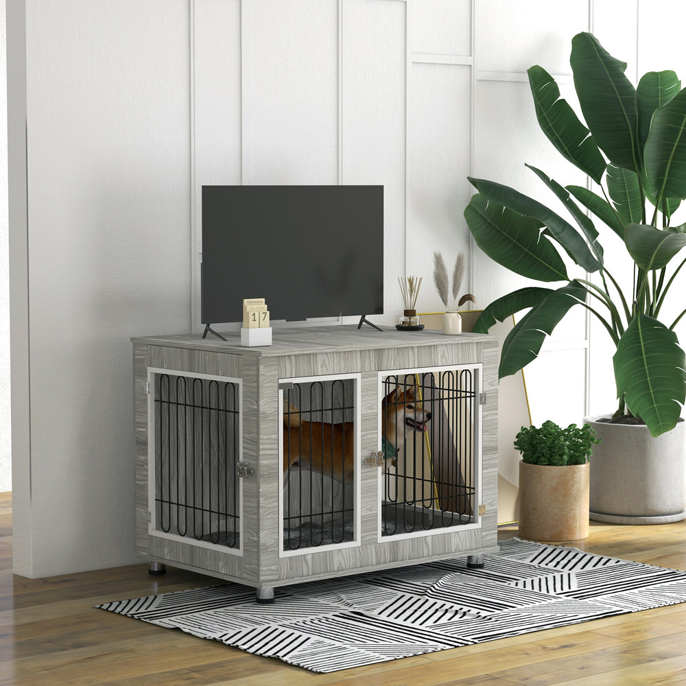 PawHut Grey Dog Crate End Table with Cushion 102cm Image 2