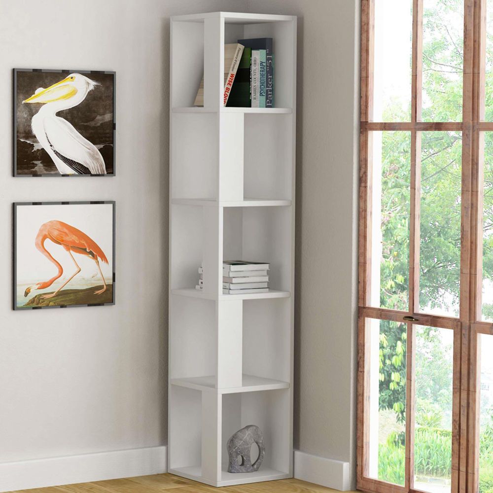 Decortie Piano 5 Shelf White Modern Corner Tall Bookcase Image 1