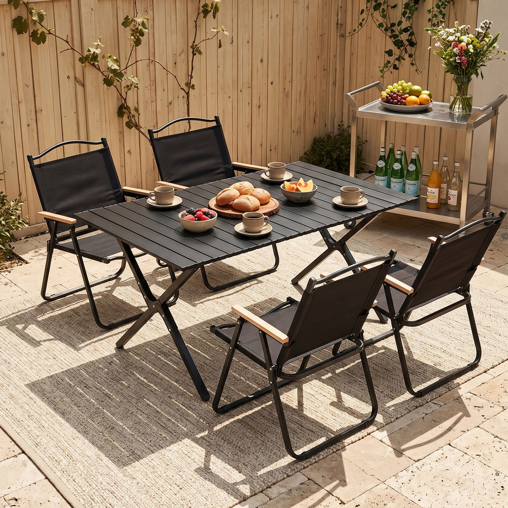 Living and Home 4 Seater 120cm Black Camping Table and Chair Set Image 7