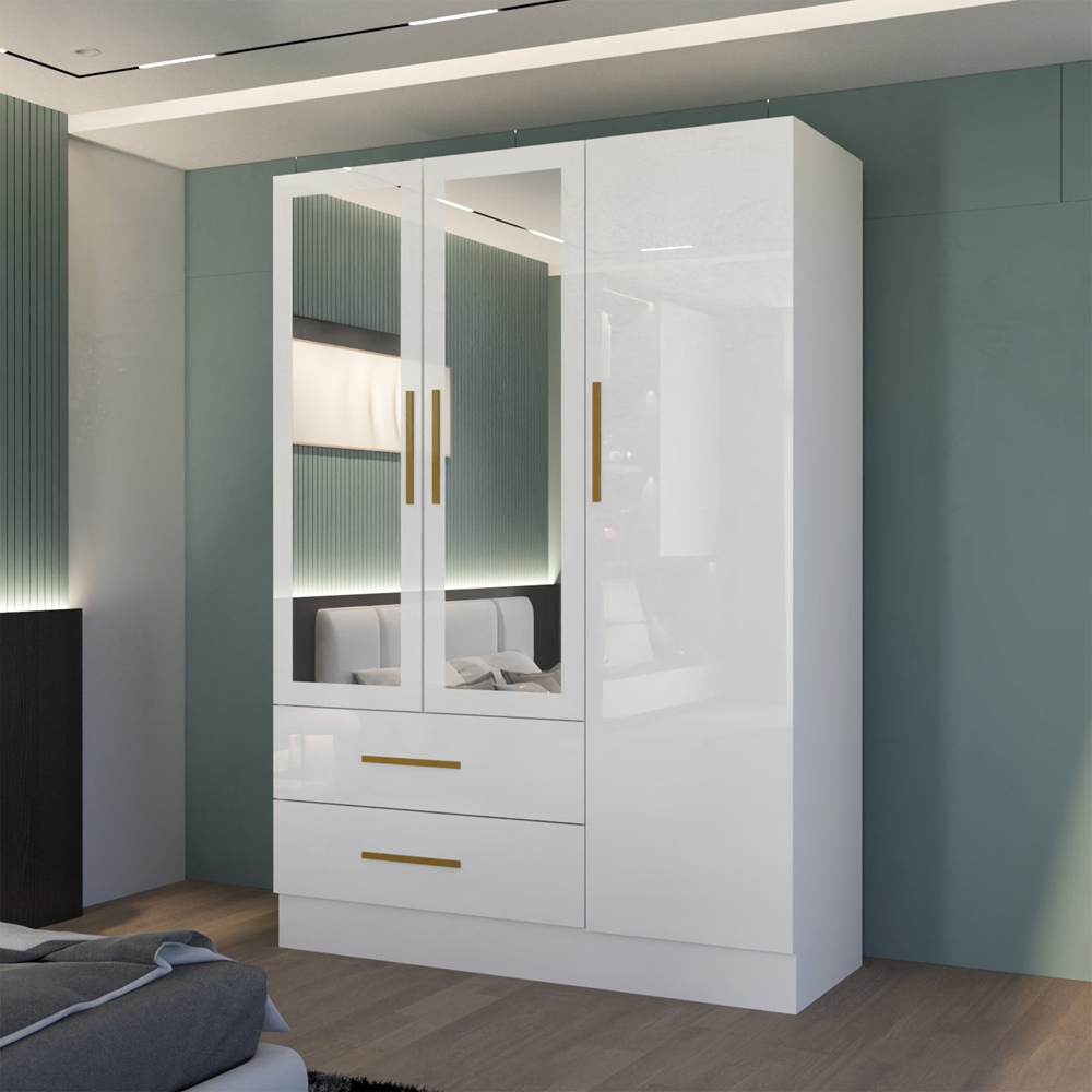 M N Furniture Glossera 3 Door 2 Drawer White High Gloss Mirrored Wardrobe 116cm Image 5