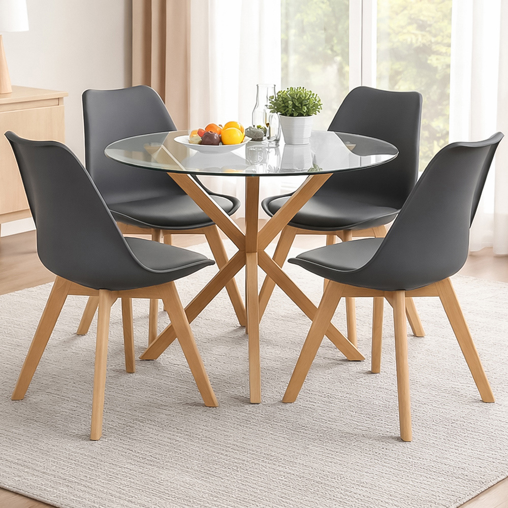 Portland 4 Seater Plastic Glass Tabletop Round Dining Set Grey Image 1