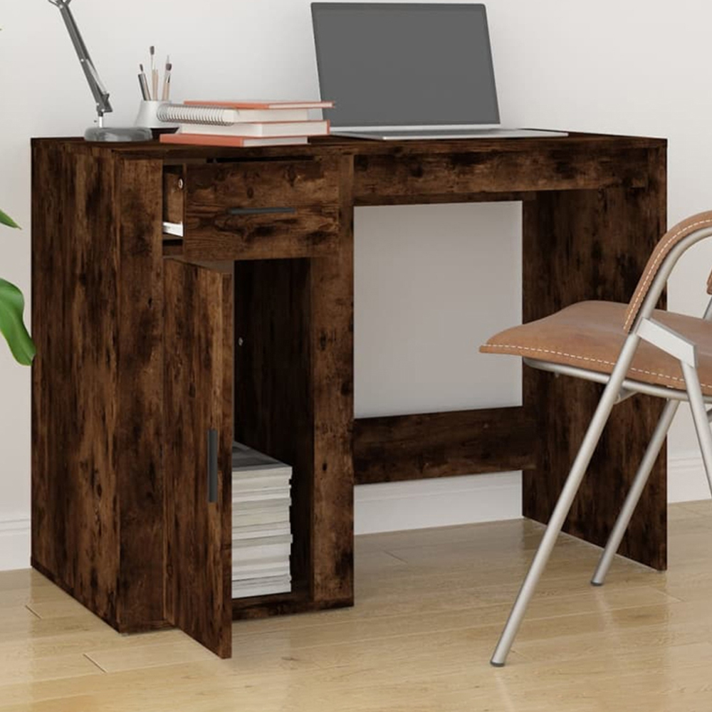 vidaXL Single Door Single Drawer Computer Desk Smoked Oak Image 1