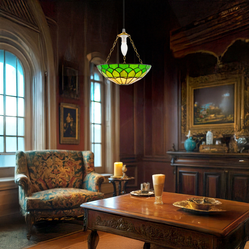 Happy Homewares Amber and Green Stained Glass Domed Pendant Lamp Shade Image 2
