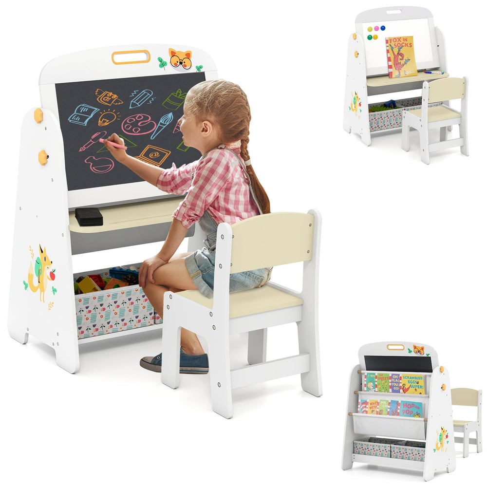 Costway Natural Kids 4-in-1 Art Easel and Bookshelf with Magnetic Whiteboard and Blackboard Image 4