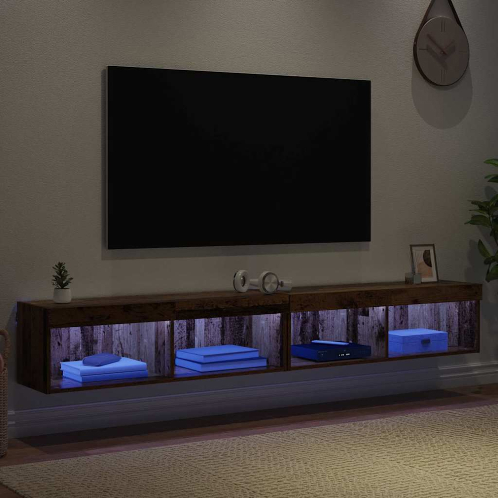 vidaXL 2 Shelf Old Wood Wall Mounted Wide TV Cabinet with LED Light 2 Pack Image 1