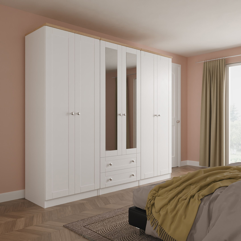 Crowndale Sussex 6 Door 2 Drawer White Ash and Bardolino Oak Tall Mirror Wardrobe Ready Assembled Image 9